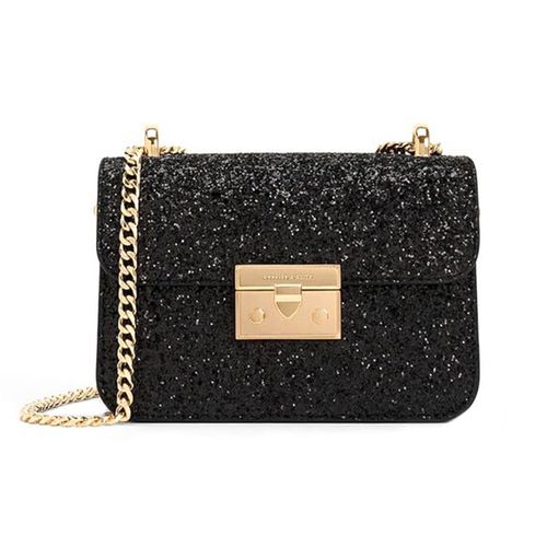 Túi Đeo Chéo Nữ Charles & Keith CNK Glittered Push-Lock Chain-Handle Bag Black CK2-80701360-1 Màu Đen